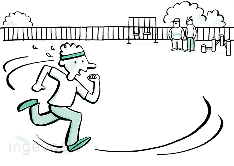 Lijntekening van kind met adh, jongetje op basisschool rent rondjes om rustig te worden.