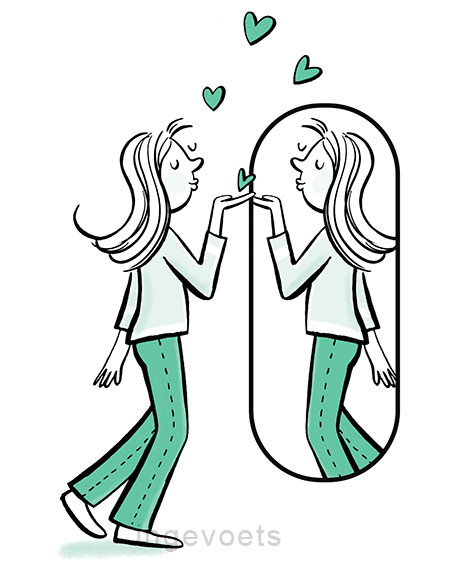 Illustratie van pubermeisje uit kinderboek, staat voor spiegel en geeft zich een kust, lieve zwartwit lijntekening.