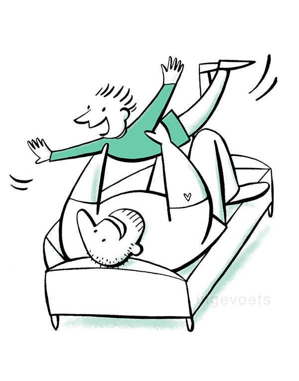 zwartwit tekening van vader en zoon die aan het stoeien zijn, grappig, lief en vrolijk.